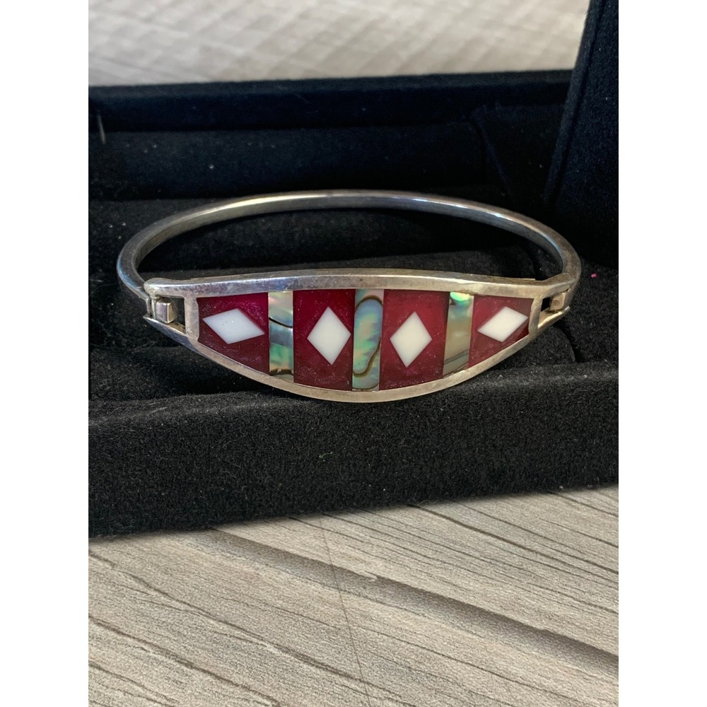 Vintage Alpaca Mexico Abalone Mother of Pearl Inlay Red Bangle Bracelet 6.5in